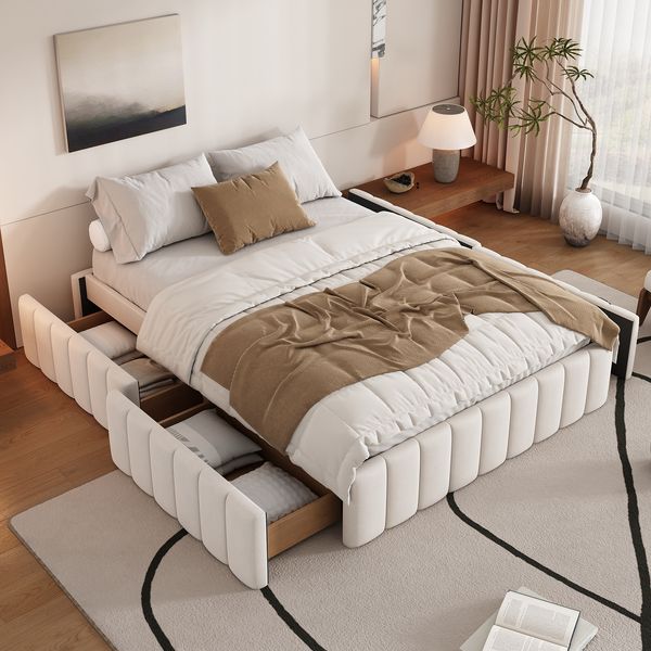 Polsterbett 140×200 cm mit 4 Schubladen, ohne Kopfteil, Lattenrost, Beige, ohne Matratze