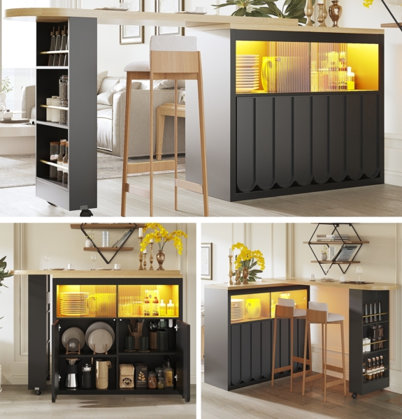 Ausziehbarer Bartisch mit Stauraum, Moderner Beweglicher Bar Table, Teleskopischer Bartisch mit LED, Hochtisch Kücheninsel, Minimale gestreifte Schranktüren, Schwarz, 135-205 x 39 x 100 cm