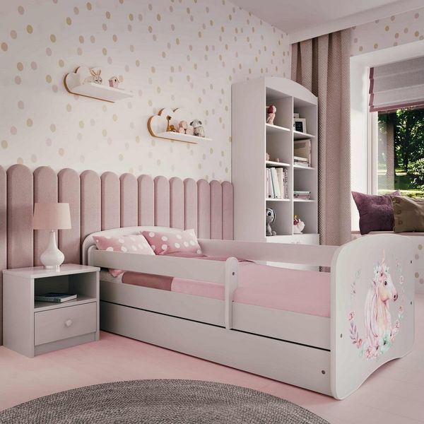 Raumhirsch Furniture Kinderbett 70x140, 80x160, 80x180 cm - Komplettset mit Matratze & Schublade (Bett für Mädchen, Einzelbett Kinder 2–12, mit Rausfallschutz & Lattenrost), verschiedene Farben & Designs