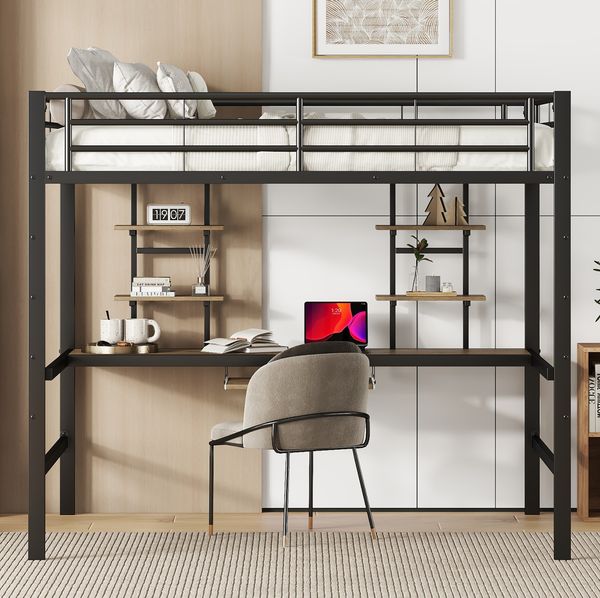 Bett Hochbett 140x200 cm mit Schreibtisch und Regalen – platzsparendes Metallgestell, schwarz, belastbar bis 120 kg