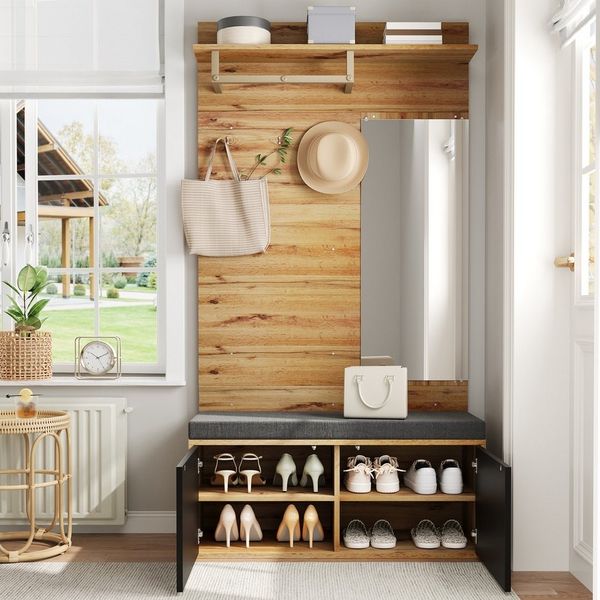 Merax Garderoben-Set mit Spiegel & Sitzkissen, Kompaktgarderobe in Schwarz-Holzoptik, (1-St, 100×190×38 cm), Flurgarderoben-Set mit Schuhschrank, Kleiderhaken & Soft-Close-Türen