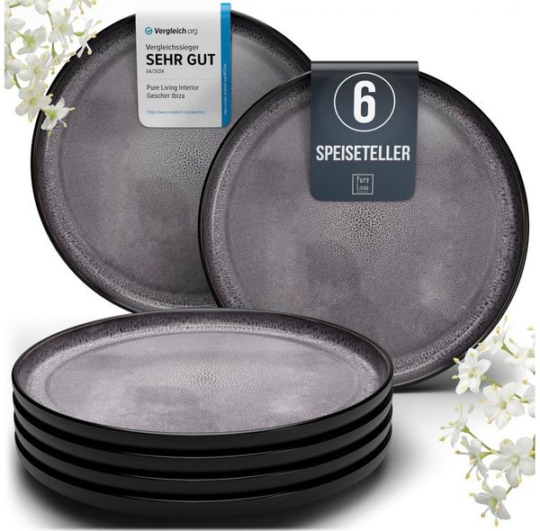PURE LIVING INTERIOR DESIGN Geschirr-Set Pure Living Geschirr Speiseteller 6er 26cm »Ibiza«, Steingut, Grau (6-tlg), 6 Personen, Steingut, Mediterrane Handwerksoptik, Reaktive Glasur – jedes Stück einzigartig…