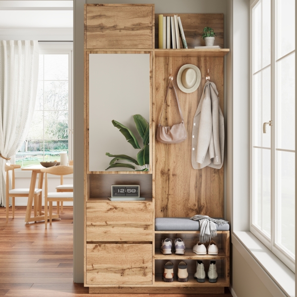 Merax Kompaktgarderobe mit Spiegel und Sitzbank, Flurgarderobe mit Schuhschrank und Haken, Kleiderhaken, Kompaktgarderobe, Flurmöbel Set, Flurgarderobe, Natur