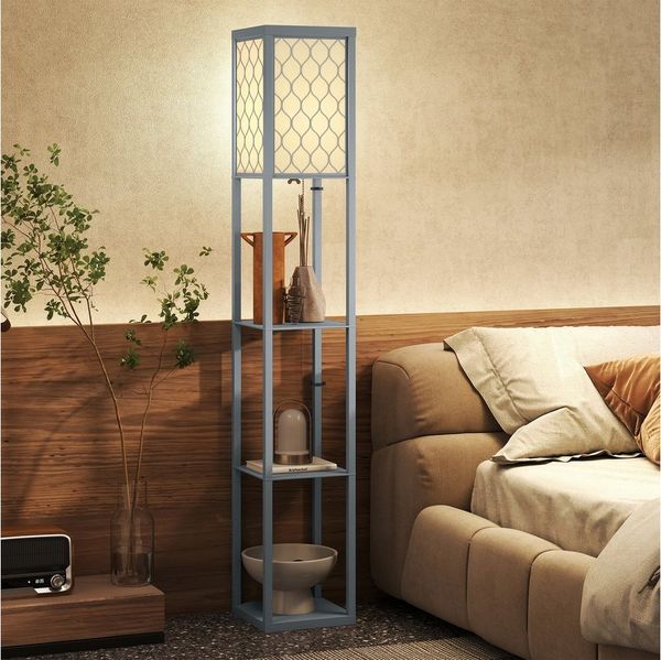 HOMCOM Stehlampe mit Regale, ohne Leuchtmittel, 3 Fächer Stauraum, Hellgrau+Weiß