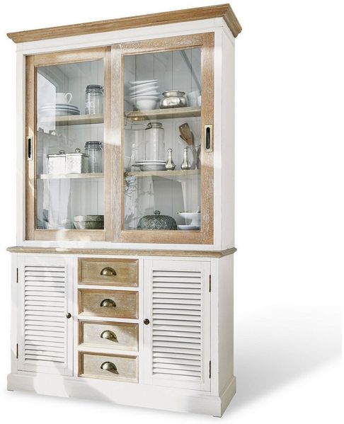 Mirabeau Küchenbuffet Moosehide Schrank, Vitrine im Landhausstil Weiß-Braun (handgefertigt, edles Antik-Finish, zweiteilig, inkl. Kippschutz) Buffetschrank, mit Glas-Schiebetüren, B 126 cm, H 201 cm, T 41 cm