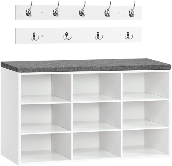 HOOBRO Garderobe Schuhregal Set, Schuhbank mit 9 F Cher, Schuhregal mit gepolsterter Sitzbank, Wandgarderobe mit 9 Haken, Schuhschrank f r Flur, Eingangsbereich, Schlafzimmer wei EWT89HX01
