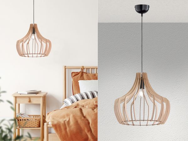 Hängeleuchte WOOD mit Lampenschirm aus Naturholz Lamellen, Ø 44cm