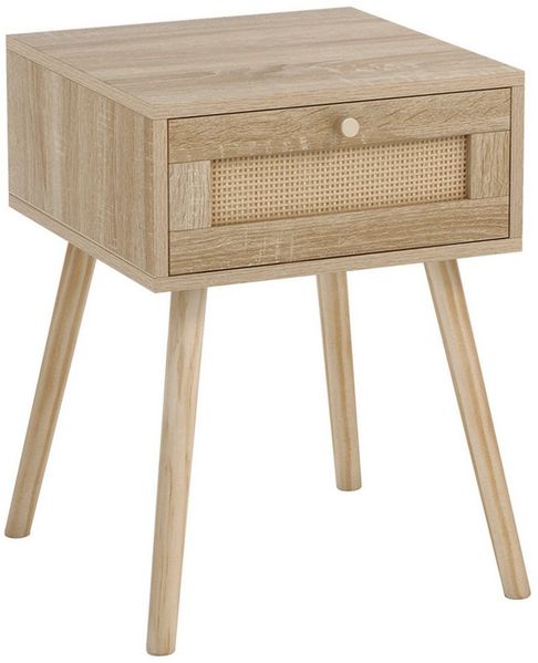 COSTWAY Nachttisch (1-St), mit Schublade und Rattan-Design, Eiche, 40x40x55cm