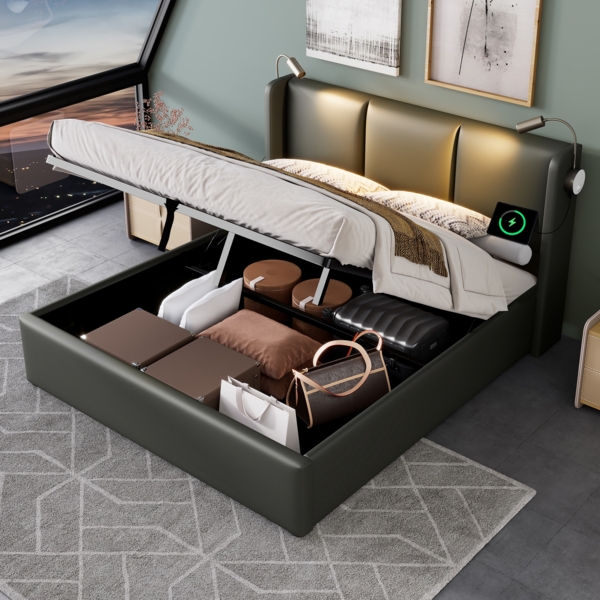 Polsterbett 160x200 cm aus PU mit Bettkasten und Leselampe mit Ladefunktion – modernes Stauraumbett Bild 3