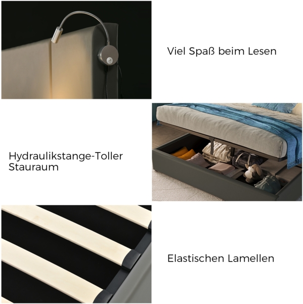 Polsterbett 160x200 cm aus PU mit Bettkasten und Leselampe mit Ladefunktion – modernes Stauraumbett Bild 7