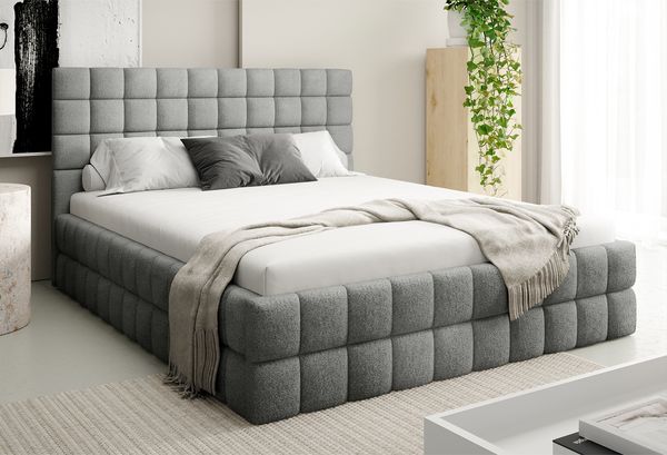 MEBLINI Polsterbett 160x200 mit Lattenrost mit Matratze – ANDREA – Grau Boucle – Doppelbett mit Bettkasten - Stauraumbett - Kopfteil Bett mit Stauraum