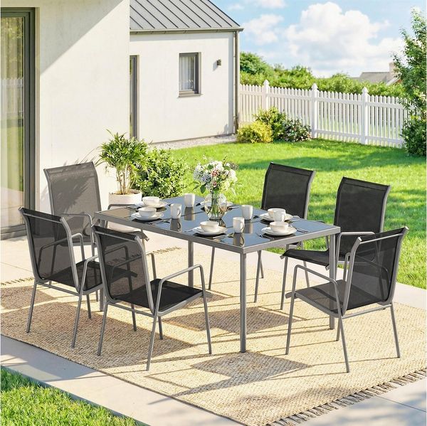 Outsunny Garten-Essgruppe mit 6 Atmungsaktiven Stühlen, Sicherheitsglas Tischplatte, (Gartenset, 7-tlg, Gartenmöbel Set), für Garten Balkon Terrasse Schwarz