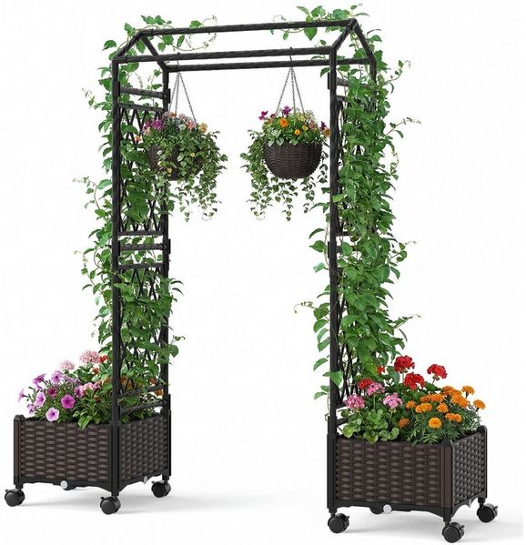 COSTWAY Blumenkasten (1 St), 2in1 Rosenbogen mit 2 Pflanzkästen, Gartenbogen auf Rollen