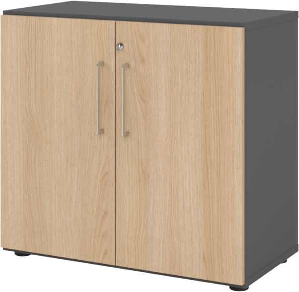 bümö Aktenschrank abschließbar, Büroschrank Holz 80cm breit in Graphit/Eiche - abschließbarer Schrank mit Aktenregal für's Büro & Arbeitszimmer, Büro Möbel Ordnerschrank mit Schloss, 928T2-G-E-BS