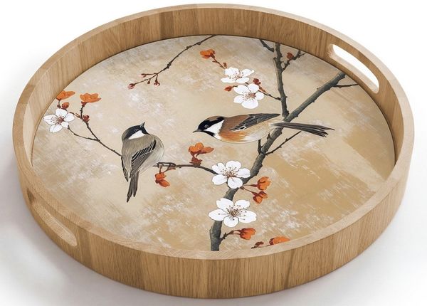 OnlyWow Tablett Rund mit Henkel Vögel - Blütenzweig - Orange, Eichenholz, (1-tlg), Siervierplatte, Tray, Frühstücksbrett