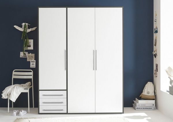 Stella Trading LYSS Kleiderschrank weiß mit Schubladen - Vielseitiger Schlafzimmerschrank 3-türig in Weiß, Graphitfarben - 155 x 194 x 58 cm (B/H/T)