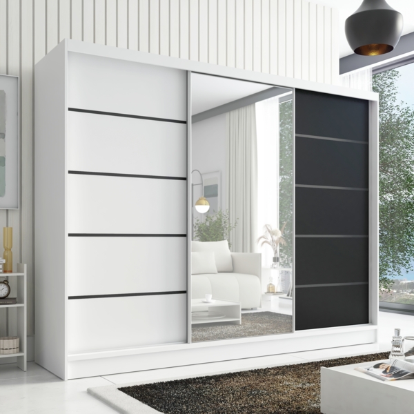 Schwebetürenschrank AVIRA 2 3-türig Schrank 200 cm (mit Spiegel) Farbe: Weiß , Schwarz