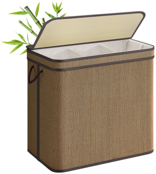 SONGMICS Wäschekorb 3 Fächer, Wäschesammler Bambus, 170 Liter, mit Deckel, Wäschesack herausnehmbar und maschinenwaschbar, Griffe, für Waschküche, braun LCBDE069K01