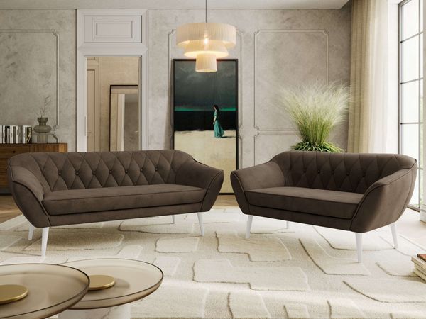 Skandinavisches Sofa Set PIRS 3-2, Komplettset, Wellenfederung, weiße Füße, Sitzgruppe, Polstermöbel Set - Braun Velvet