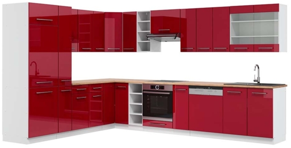 Eckküche Fame-Line Bordeaux Hochglanz/Weiß 347 x 60 cm , AP Eiche Vicco