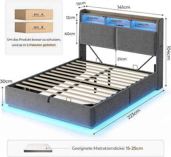 MSMASK Polsterbett Hydraulisches Stauraumbett mit LED Beleuchtung und Steckdosen (1-tlg, Ohne Matratze), Jugendbett mit Stauraum Kopfteil, 140x200cm