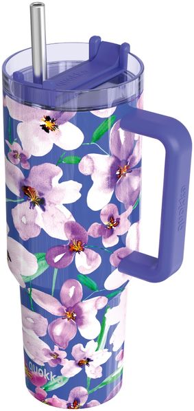 Isolierte Edelstahl-Trinkflasche mit Griff und Strohhalm, doppelwandig 1,2 L Blumen