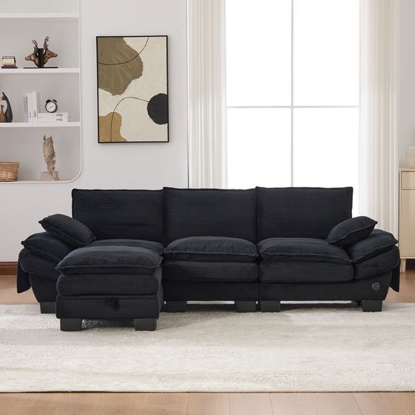Modulares 3-Sitzer Sofa mit Hocker B 260 x T 132 x H 84 cm aus Cord mit USB-C