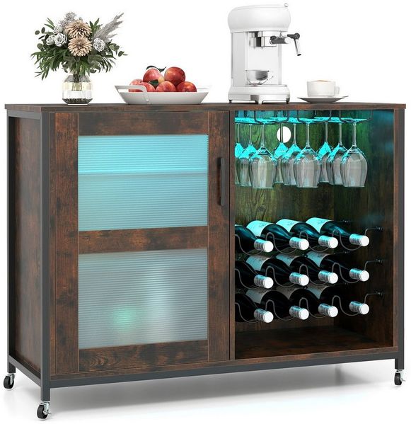 COSTWAY Weinschrank mit LED Küchenschrank mit Rollen& verstellbarem Regal 108cm