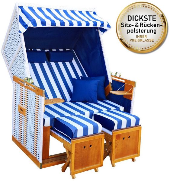 BRAST Strandkorb für 2 Personen, 120cm breit, 4 Designs, BxTxH: 120x79x150 cm, Volllieger, Norderney Deluxe, (verstellbare Rückenlehne weiches Fußkissen)