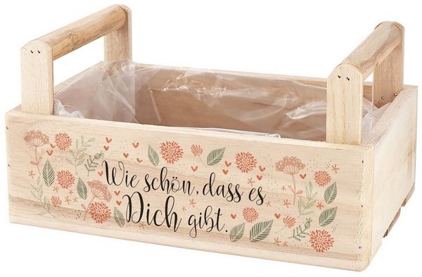 Herz & Heim Geschenkbox aus Holz "Wie schön, dass es Dich gibt" - Geschenkkorb mit Aufdruck, 2 Griffe, mit Folie ausgekleidet