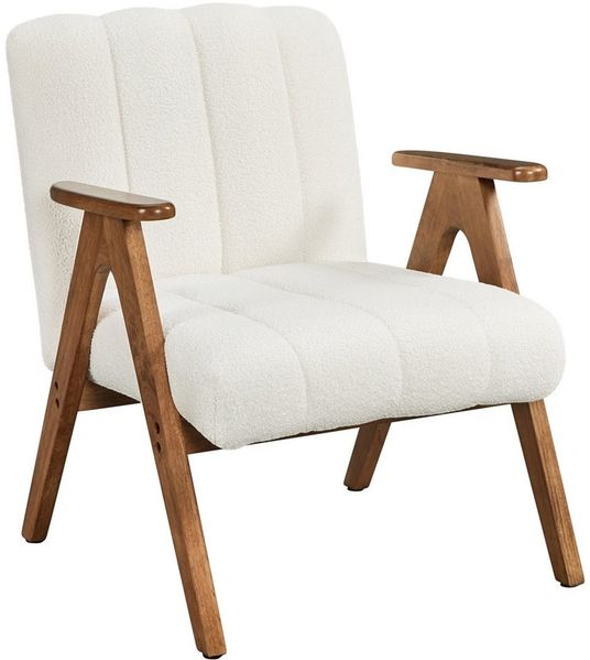 Yaheetech Loungesessel mit Armlehnen, Bouclé weiß / Gummibaumholz natur, 73 x 68,5 x 60,5 cm