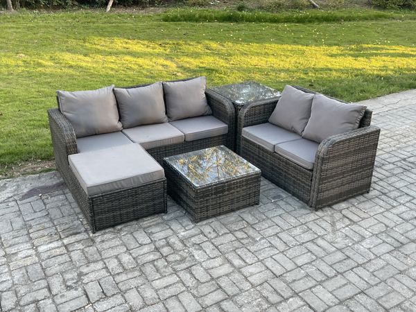 Fimous Polyrattan Gartenmöbel Sets 6-Sitzer Garten Sofa im Freien Set Quadratischer Couchtisch 2 Großer Hockern Beistelltisch