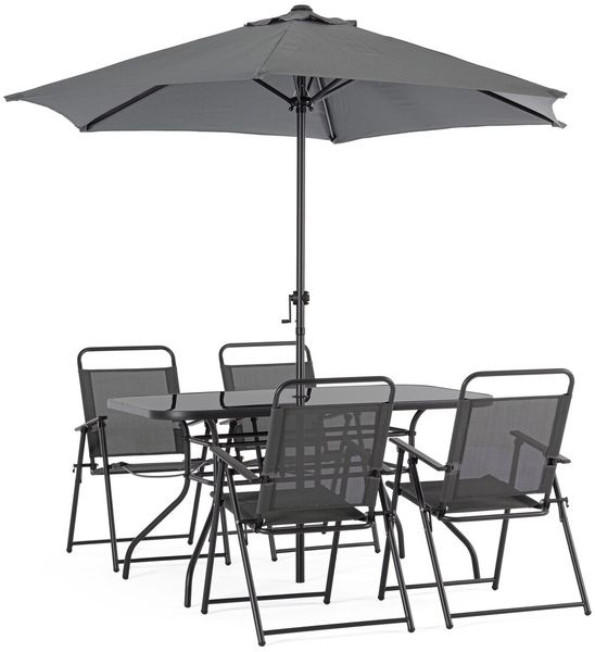 6er Garten-Set Peipom - Metall, Glasplatte, inkl. Sonnenschirm, Anthrazit, 4 Stühle