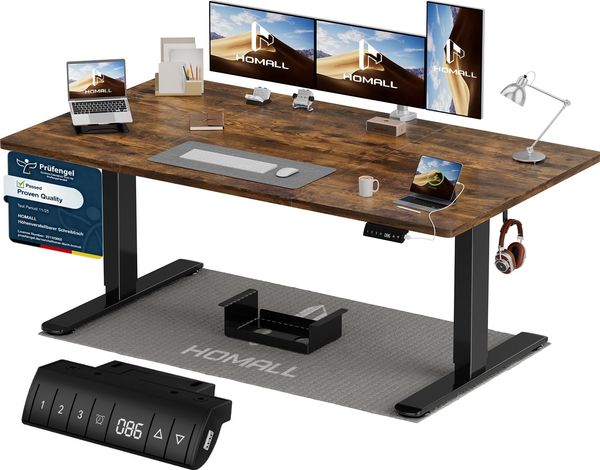 Homall Höhenverstellbarer Schreibtisch 160x80 cm mit USB-A Ladeanschluss, Elektrischer Schreibtisch mit Kabel Management Tray, Standing Desk mit 3 Memory Funktion, Computertisch Braun