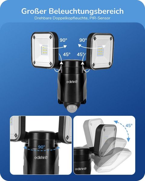 EDISHINE LED Wandstrahler mit Bewegungsmelder Außen, LED fest integriert, Schwenkbar, IP44, 800 Lumen