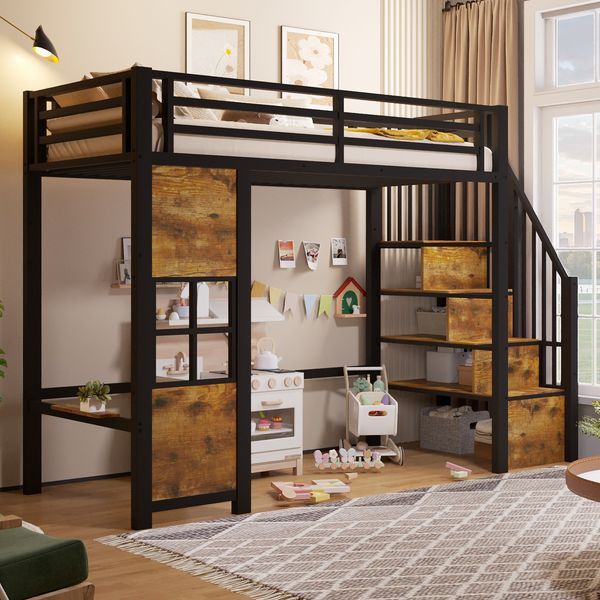 Merax Hochbett, 90 x 200 cm, Kinderbett Eisenrahmen, Ablageleiter, offener Stauraum unter dem Bett, Fenstergestaltung, icherheitsgeländer, ohne Matratze, schwarz