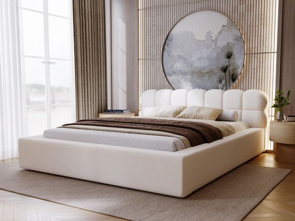 GRAINGOLD Plaza Polsterbett 140x200, Doppelbett mit Bettkasten, gepolstertes Kopfteil, Velour-Stoff, Creme