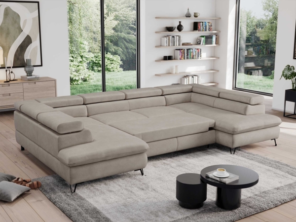 Mks Möbel 'Pedro U-Form' Ecksofa mit Schlaffunktion und verstellbaren Kopfstützen, Beige, Mikrofaser Bild 4