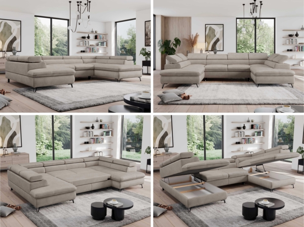 Mks Möbel 'Pedro U-Form' Ecksofa mit Schlaffunktion und verstellbaren Kopfstützen, Beige, Mikrofaser Bild 2