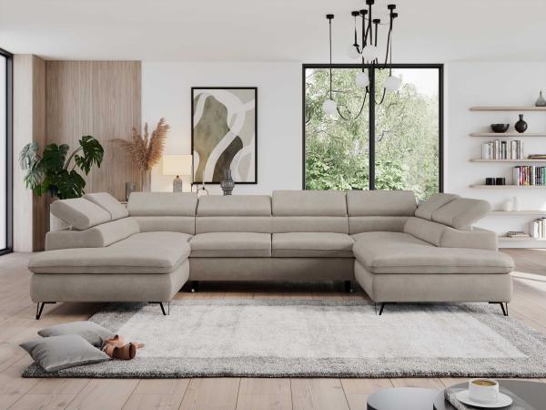 Mks Möbel 'Pedro U-Form' Ecksofa mit Schlaffunktion und verstellbaren Kopfstützen, Beige, Mikrofaser