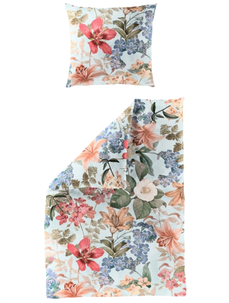 Bierbaum Mako-Satin Bettwäsche 135x200 Blüten Blumen Lilien Rosen bleu 5313-20