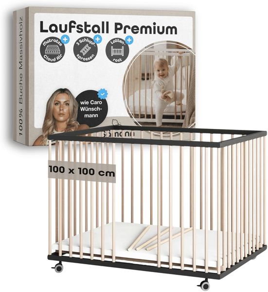 Sämann Laufstall Baby mit Matratze Cloud Air, Schlupfsprossen & Lattenrost | stufenlos höhenverstellbar | Laufgitter Premium | Babybett aus Holz | Krabbelgitter (schwarz/natur, 100x100 cm)
