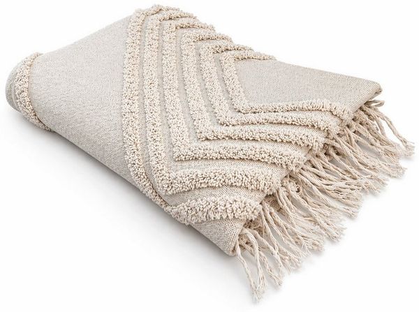 Winter Kuscheldecke mit Fransen » Ibiza Style Wolldecke » 100% Baumwolle » Wohndecke im Boho Style » Couchdecke 130x170cm - Beige