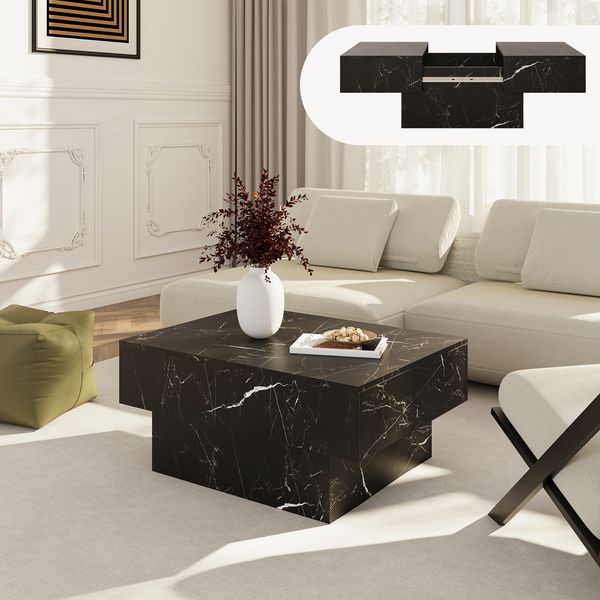 Ausziehbarer Couchtisch Lens 80x60x36 cm Marmoroptik, schwarz [en. casa]