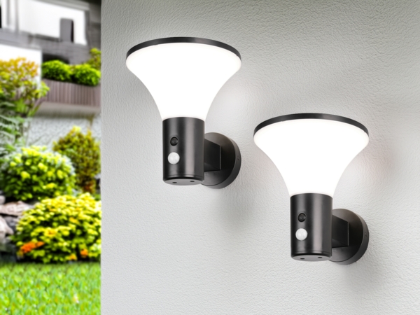 2er SET Außenwandleuchten mit Solar und Strom, Hybrid mit Bewegungsmelder