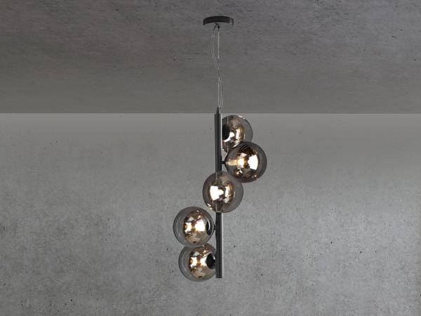 LED Pendelleuchte Schwarz & Rauchglas Kugeln, 5 flammig, bis 183cm lang