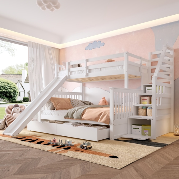 Merax Etagenbett, Kiefer Kinderbett mit Rutsche & Schubladen 90x200cm+140x200cm, weiß