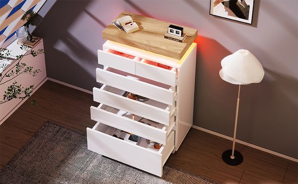 Sideboard 73x39x115 cm, Hochglanz Weiß, 6 Schubladen mit LED (App & Touch),Weiß