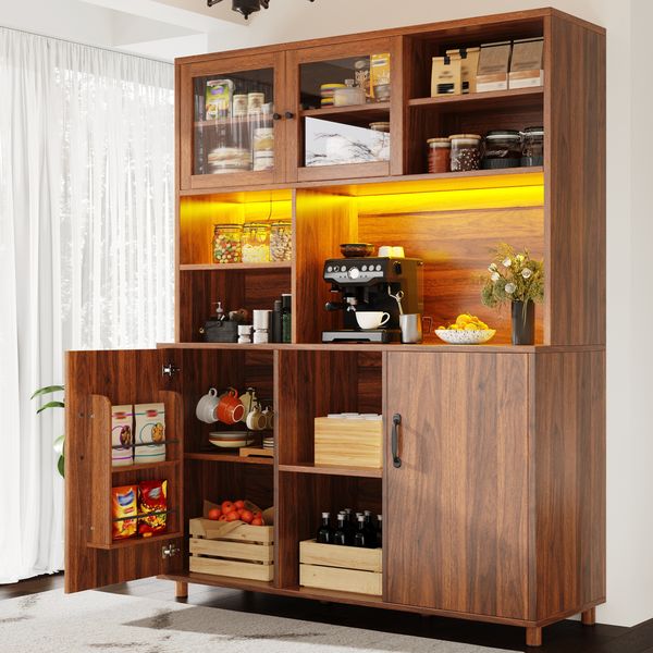 Hochschrank aus MDF mit LED-Beleuchtung & Schiebetüren, 140x40x185 cm, Walnussbraun