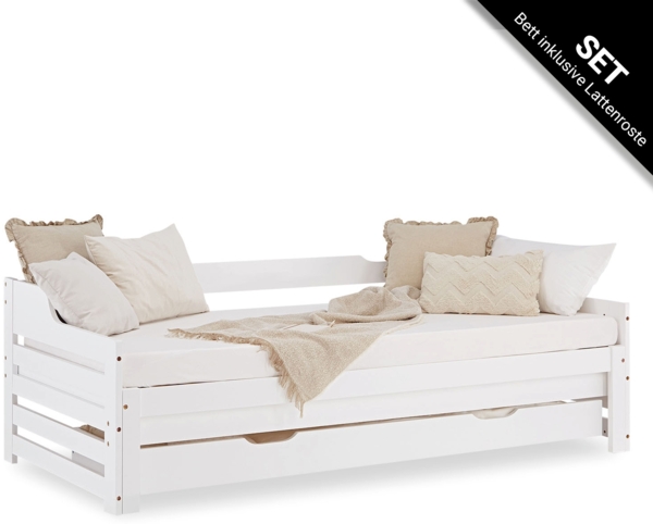 Gästebett Holzbett 90x200 cm Holzbettrahmen Weiß Stauraum Tagesbett ausziehbar Jugendbett Ausziehbett Bett mit Bettkasten